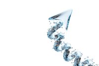 Dynamic spiral of clear blue water splashing and swirling against white background, creating an elegant flowing motion effect with droplets and waves.