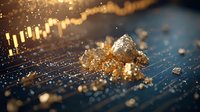 Golden glowing particles and crystalline structures on dark surface with bokeh light effects and sparkles, macro photography for luxury finance concept.
