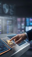 Businessman hand touching futuristic holographic interface with glowing security lock icon in modern control room for cybersecurity and data protection concepts.