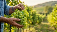 Farmer holding fresh green grapes in vineyard during harvest season. Ripe fruit ready for wine production in agricultural setting.