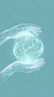 Glowing neural network sphere held between two translucent hands against blue background, representing technology, innovation, artificial intelligence, and digital connectivity for web and app design.