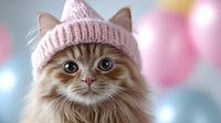 Adorable fluffy tabby cat wearing pink knitted hat with ears against soft bokeh background. For pet photography, greeting cards, and social media content.