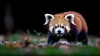 Red panda walking through fallen autumn leaves in natural habitat, close-up portrait showing distinctive facial markings and fluffy ears against dark background.