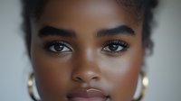 Close up portrait of young African American woman with natural makeup, gold hoop earrings and glowing skin against light background. Professional beauty shot.