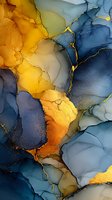 Abstract alcohol ink art with flowing blue and golden yellow organic shapes creating luxurious fluid patterns with metallic gold veining accents.