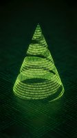 Digital Christmas tree made of green binary code numbers on dark background for holiday technology concepts and cyber celebrations.