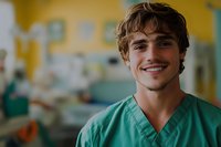 Young male medical professional in green scrubs smiling confidently in hospital setting with warm yellow walls and medical equipment in background.
