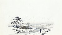 Asian landscape with traditional house, gnarled tree, and solitary figure walking on snowy path through mountains, ink wash style artwork.