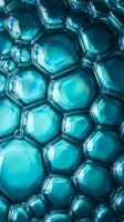 Abstract turquoise hexagonal bubble pattern with iridescent reflections creating organic honeycomb structure for modern design backgrounds and textures.