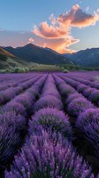 Vibrant purple lavender field stretches toward mountain range at sunset, dramatic orange and pink clouds illuminate sky above rolling hills and agricultural landscape.