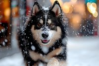Adorable husky puppy with blue eyes playing in falling snow with warm bokeh lights creating magical winter atmosphere for holiday greeting cards.