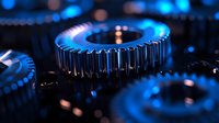 Macro shot of industrial metal gear wheel with blue lighting effect, showcasing mechanical engineering and power transmission in manufacturing technology.