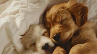 Golden retriever puppy and white puppy sleeping together on white bedding, creating a heartwarming scene of canine companionship.