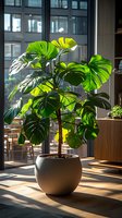 Monstera deliciosa plant with large green split leaves in modern gray pot, sunlit through windows casting dramatic shadows on wooden floor in office space.