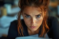 Young Caucasian businesswoman with red hair and blue eyes focused on laptop screen in modern office environment with warm lighting and professional atmosphere.