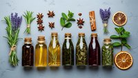 Aromatic herbs, spices and essential oils in glass bottles arranged on white background. Natural ingredients for cooking, aromatherapy and wellness.