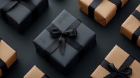 Elegant gift boxes in black and kraft paper with satin bows arranged in geometric pattern on dark background. Luxury present wrapping for special occasions.