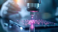 Microscope lens focusing on glowing pink particles in laboratory research setting, creating futuristic scientific visualization effect against dark background.