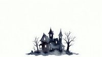 Spooky haunted castle with dark towers and bare twisted trees on isolated white background, ready for Halloween designs and merchandise.