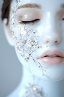 Asian woman with white face paint and delicate crystal flower decorations along cheek, eyes closed in serene expression, artistic beauty portrait with soft lighting.