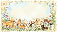 Watercolor dogs and flowers frame with copy space, featuring golden retriever, corgi, beagle, poodle, dachshund, and bulldog breeds.