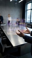 Businessman in dark suit holding holographic display showing strategic planning flowchart with glowing neon interface in modern office environment with colleagues working in background.