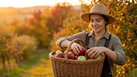 Young woman farmer in hat harvesting fresh apples in wicker basket during golden hour sunset in autumn orchard with colorful foliage background.