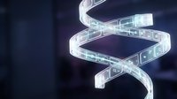 Futuristic DNA double helix structure with glowing digital elements and data visualization effects on dark background for biotechnology concepts.
