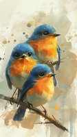 Artistic illustration of three bluebirds with orange breasts perched on a branch, painted in watercolor style with splatter effects on neutral background.