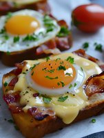 Open-faced breakfast sandwich with fried egg, crispy bacon and melted cheese on toasted bread garnished with fresh herbs for morning meal preparation.
