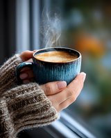 Hands in cozy knit sweater holding blue ceramic cup with steaming coffee by window, creating warm atmosphere on cold autumn day.