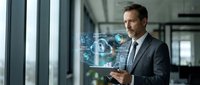 Middle-aged Caucasian male professional in business suit holding tablet, interacting with digital security interface displaying lock and data protection icons in modern office environment.