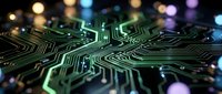 Glowing circuit board pathways with green and blue light effects on dark background, representing technology, data processing, and digital innovation for tech industry applications.