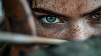 Close up view of intense blue eyes with natural freckles across nose and cheeks, partially obscured by blurred foreground element creating dramatic composition.