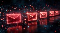 Glowing red digital mail envelopes floating in dark space with sparkles and bokeh effects, representing electronic communication and message delivery.