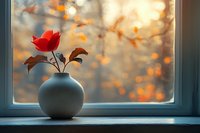 Single red rose in ceramic vase on windowsill with warm autumn bokeh lights creating cozy home atmosphere for seasonal decor and interior design concepts.