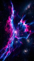 Vibrant cosmic energy streams with magenta and cyan plasma filaments flowing through deep space, surrounded by stars and distant galaxies for science fiction and astronomy concepts.