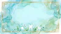 Watercolor frame with turquoise and green washes, white flowers, and gold border on isolated transparent background. Perfect for invitations, cards, and design projects.
