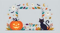 Carved jack-o-lantern pumpkin with black cat, ghost faces, autumn leaves, and bats surrounding empty frame on light background. Halloween design element for greeting cards, invitations, posters, social media, and seasonal marketing materials.