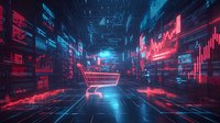 Futuristic digital marketplace with glowing shopping cart surrounded by financial data, stock charts and neon lights in cyberpunk style urban environment.