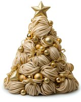 Creative pasta Christmas tree with gold star topper and golden ornaments on white background, festive holiday food art concept.