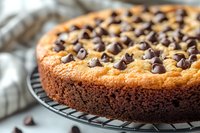 Homemade chocolate chip cake on cooling rack with golden brown texture and scattered chocolate chips on top for dessert and baking recipes.
