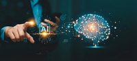 Businessman hand pointing at glowing AI brain network with digital connections and data visualization on dark background for technology presentations.