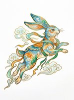 Ornate rabbit with turquoise, gold, and green decorative patterns leaping through clouds, isolated on transparent background. Ready for t-shirts, stickers, clipart, sublimation, and print-on-demand designs.