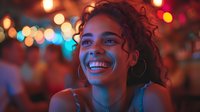 Young woman with curly hair laughing joyfully at night party, illuminated by colorful bokeh lights creating magical atmosphere. Natural genuine happiness captured in vibrant nightlife setting.