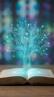 Digital tree with circuit board branches and glowing nodes emerging from open book pages, representing knowledge, technology, and innovation in education and learning concepts.