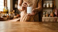 Woman in beige knit sweater holding blank white jar in warm kitchen with wooden counter, shelves, and natural lighting for product mockup and branding.