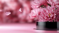 Pink chrysanthemum flowers in black vase with soft blurred floral background for spring decoration, wedding arrangements, and romantic greeting cards.