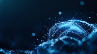 Glowing blue particles forming dynamic wave shape against dark background with bokeh light effects and depth of field, abstract technology concept.