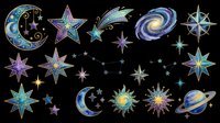 Celestial clipart set with stars, moons, sun, galaxy, and planet in blue and gold tones, isolated on transparent background, ready for stickers, sublimation, and t-shirt design.